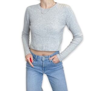 Aritzia Babaton Wool Linen Blend Ribknit Light Gray Cropped Nathaniel Sw…
